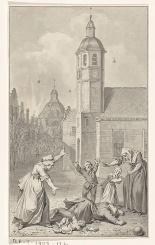 Droevig geval in de Willemstad 1793 by Jacobus Buys, drawing, 1793-1801