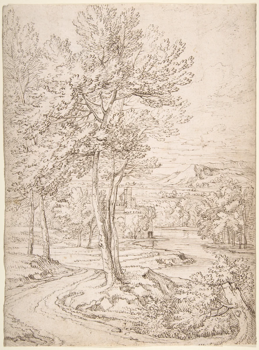 Classical Landscape with a Building and a River by Abraham Genoels II, drawing, 1660-1723
