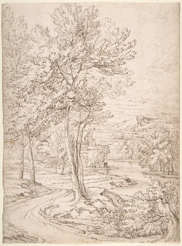 Classical Landscape with a Building and a River by Abraham Genoels II, drawing, 1660-1723
