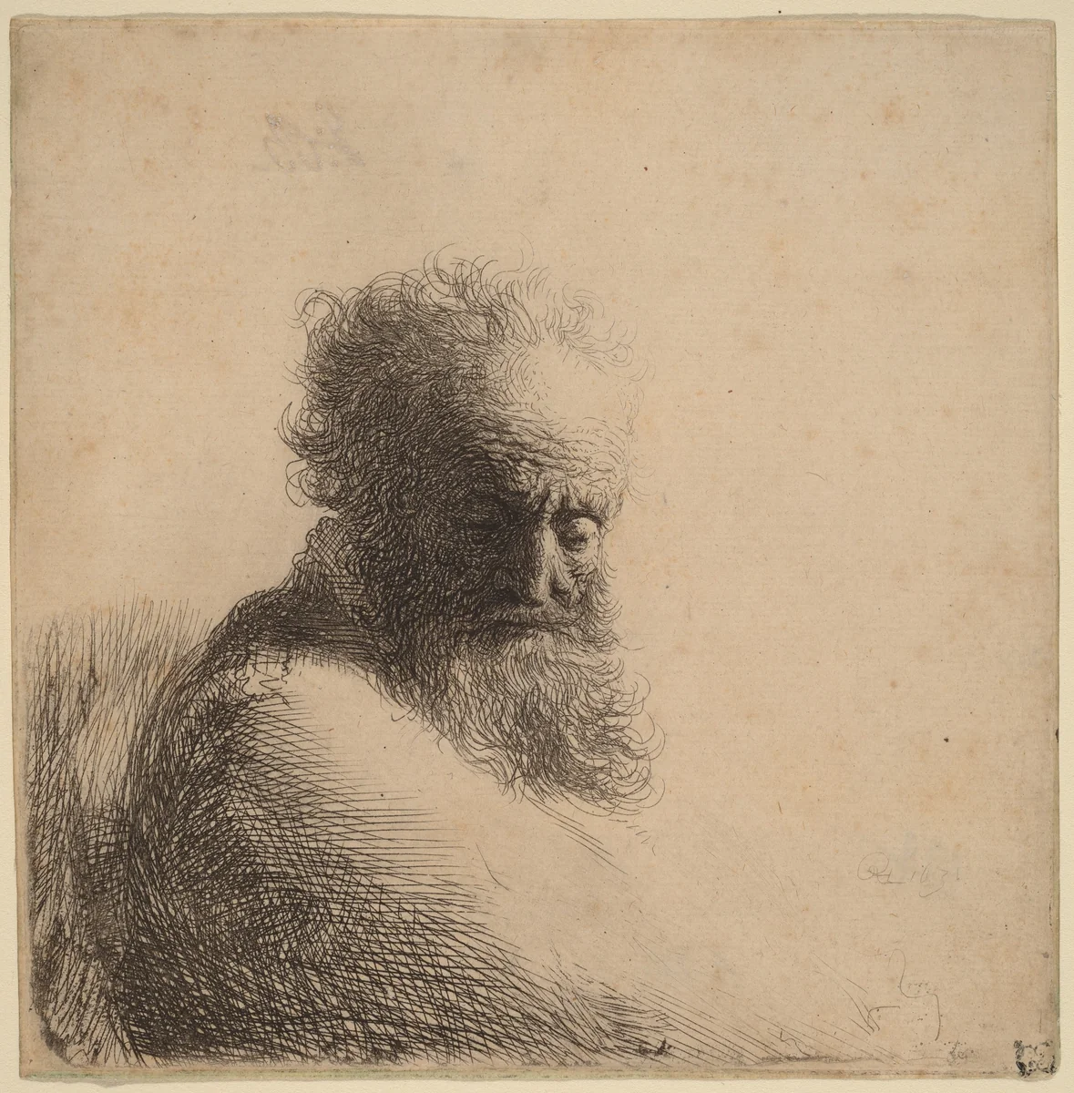 Bust of an Old Bearded Man, Looking Down, Three Quarters Right by Rembrandt van Rijn, print, 1631