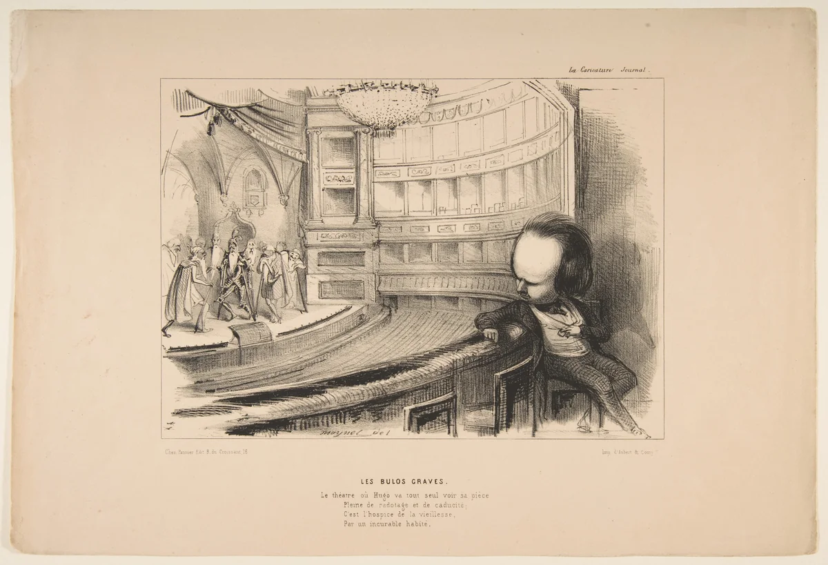 'Les Bulos Graves', Victor Hugo at his play 'Les Burgraves', from 'La Caricature' by Jean-Pierre Moynet, print, 1843