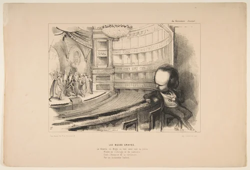 'Les Bulos Graves', Victor Hugo at his play 'Les Burgraves', from 'La Caricature' by Jean-Pierre Moynet, print, 1843
