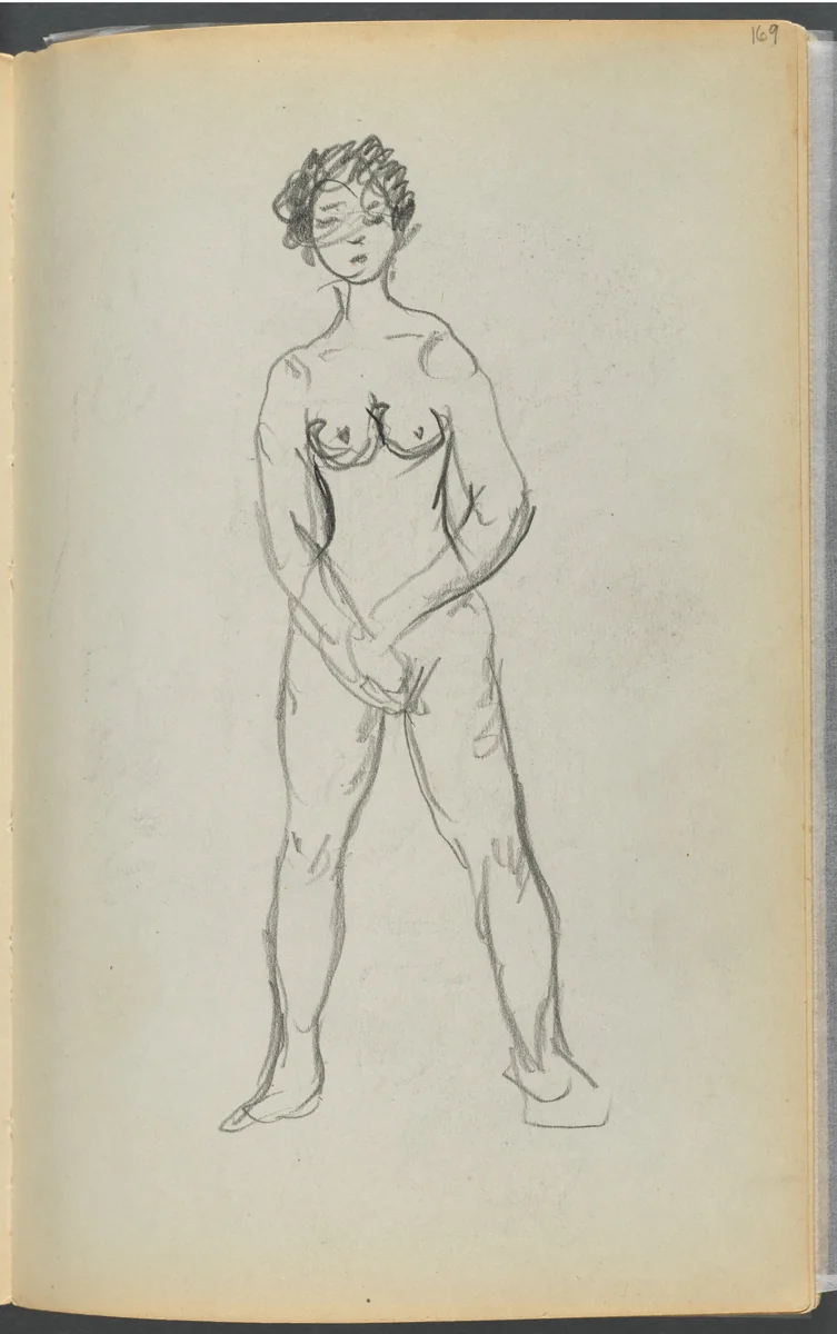 Sketchbook- The Granite Shore Hotel, Rockport, page 169: Female Nude by Maurice Prendergast, book, 1905-1910