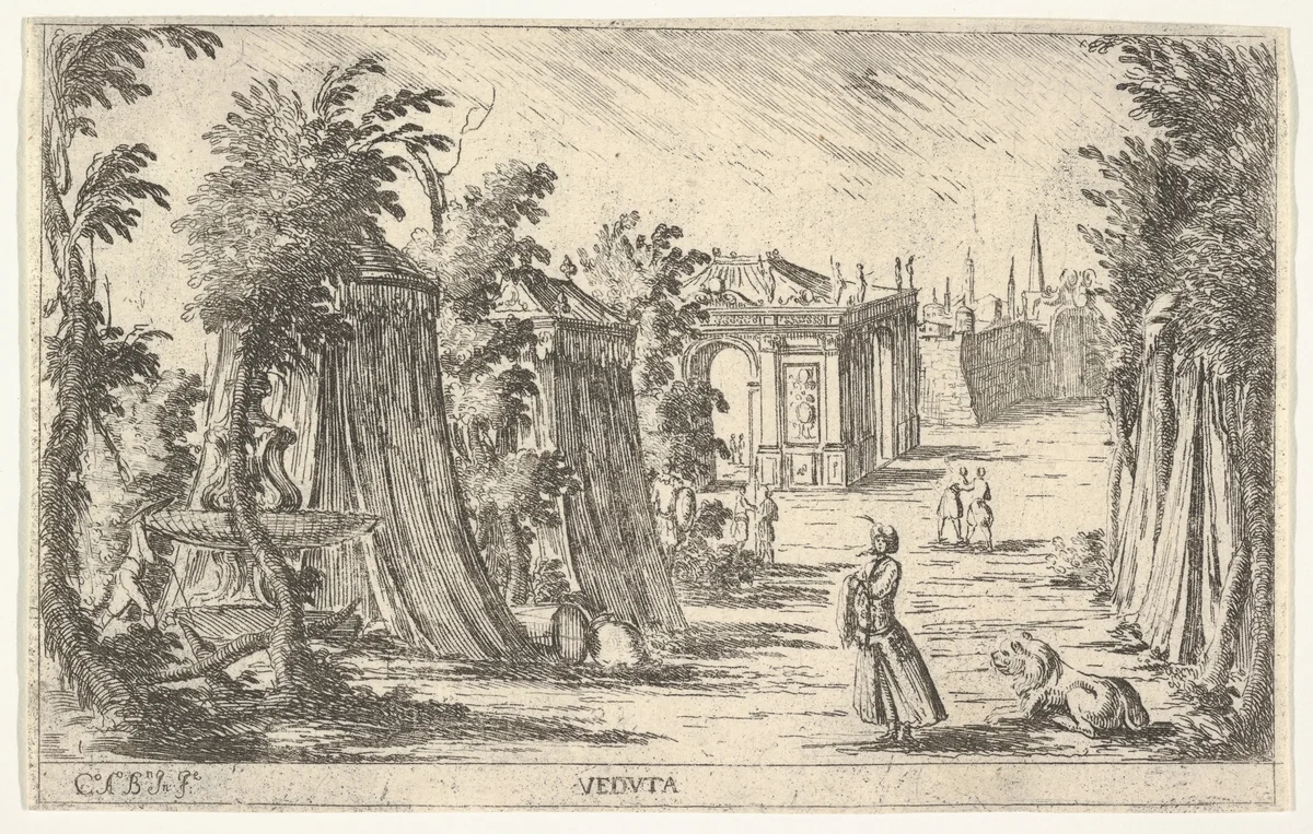 View with a man in a turban and a lion standing at right, tents and classical architecture in the background by Carlo Antonio Buffagnotti, print, 1680-1710