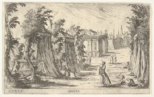 View with a man in a turban and a lion standing at right, tents and classical architecture in the background by Carlo Antonio Buffagnotti, print, 1680-1710