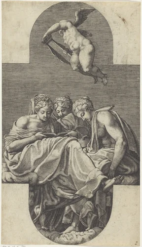 Drie Muzen en een putto met een lier by Unknown, print, 1541-1582