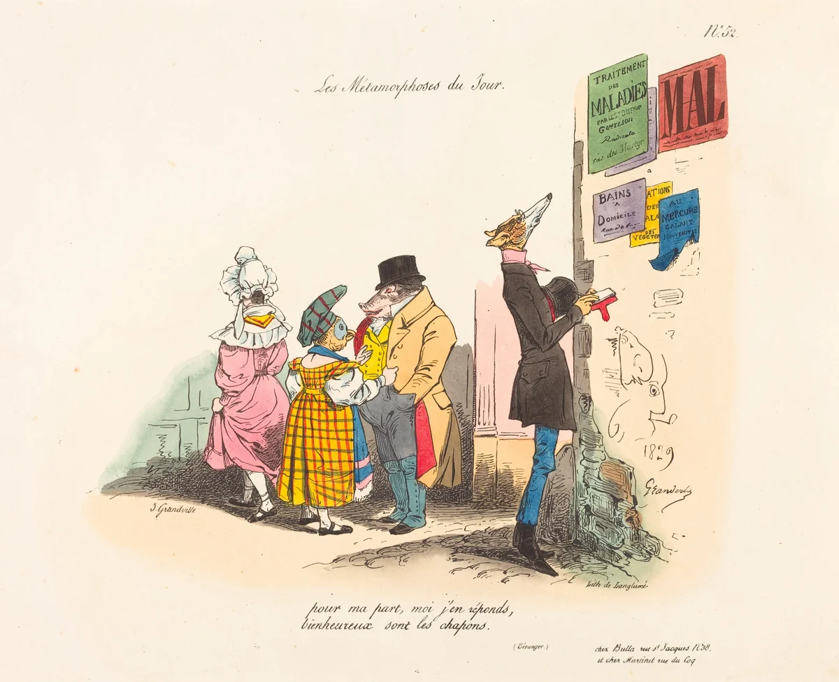 Metamorphoses of the Day: Regrets, or Never till the Next Time by Jean-Ignace-Isidore Grandville, print, 1829