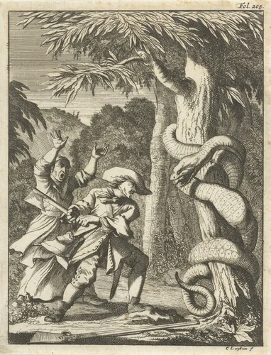 Reuzenslang, om een boom gekronkeld, door een man met bijl aangevallen by Caspar Luyken, print, 1694