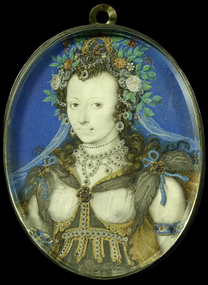 Portret van een vrouw in maskeradekleding als Flora by Isaac Oliver, painting, 1575-1617