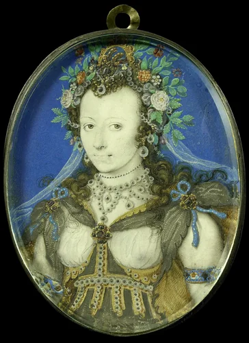 Portret van een vrouw in maskeradekleding als Flora by Isaac Oliver, painting, 1575-1617