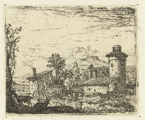 Italianiserend landschap met ronde toren en twee geiten by Karel du Jardin, print, 1652-1659