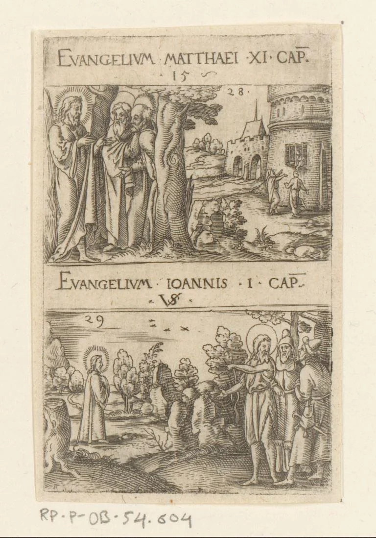Johannes de Doper ontvangt een boodschap in de gevangenis en Johannes de Doper identificeert Christus als het Lam Gods by Unknown, print, 1524-1562