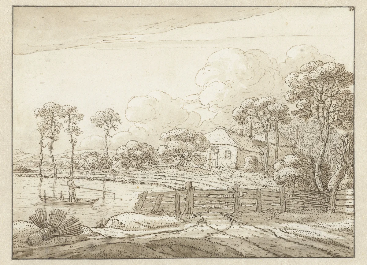 Landschap met boerderij by Jan Jansz. den Uyl, drawing, 1634-1702