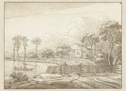 Landschap met boerderij by Jan Jansz. den Uyl, drawing, 1634-1702