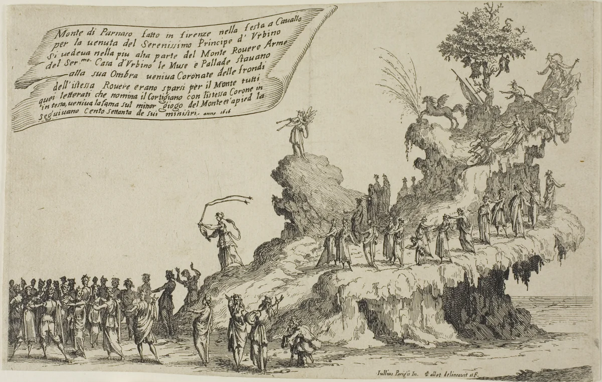 The Float of Mount Parnassus, from The War of Beauty by Jacques Callot, print, 1616
