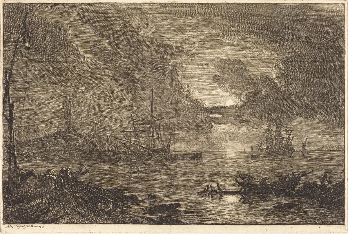 Harbor by Moonlight by Adrien Manglard, print, 1753