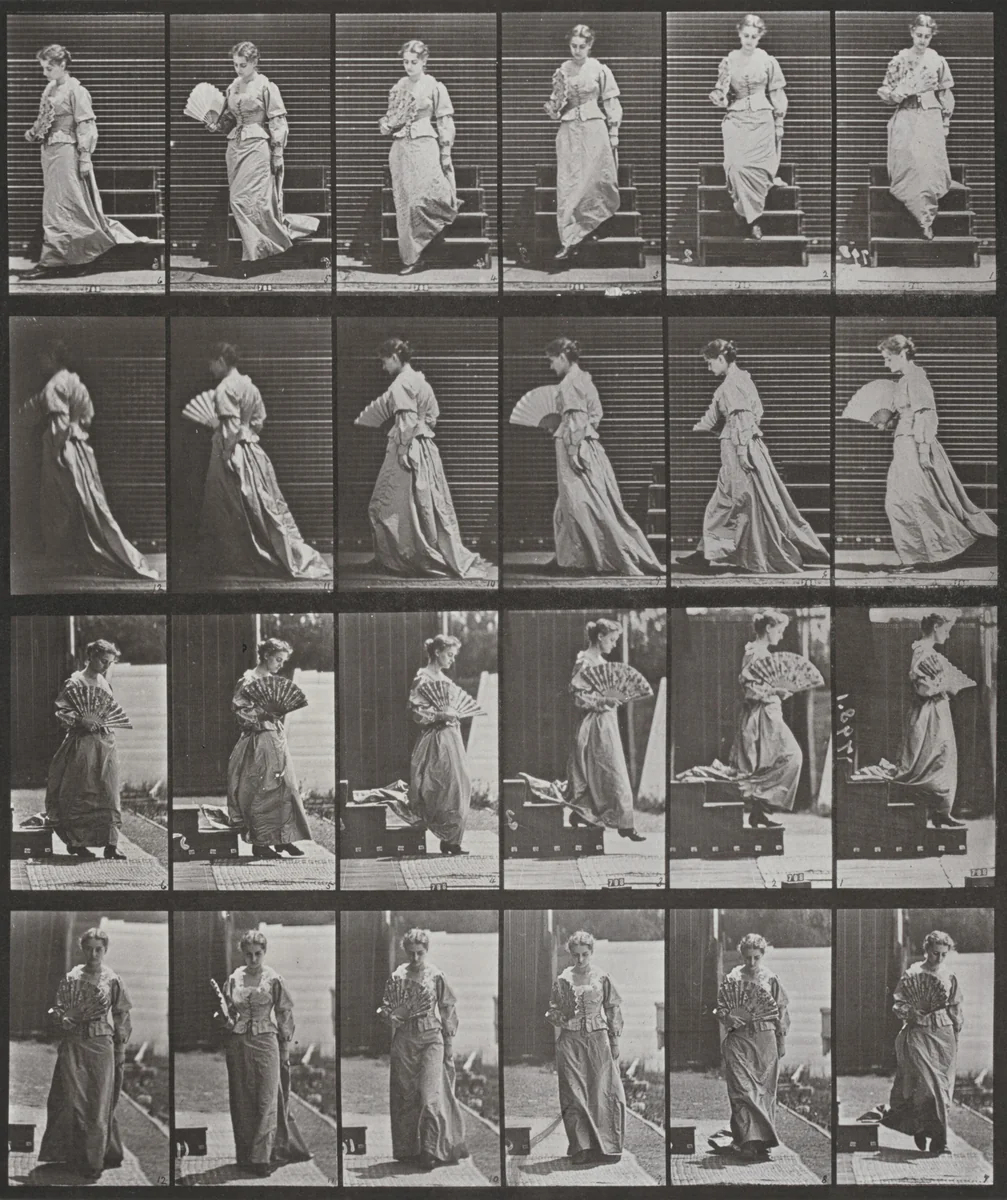 Plate Number 141. Descending stairs, turning and flirting a fan by Eadweard Muybridge, photograph, 1887