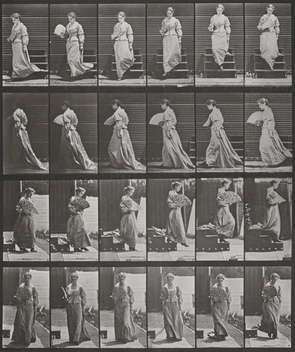 Plate Number 141. Descending stairs, turning and flirting a fan by Eadweard Muybridge, photograph, 1887