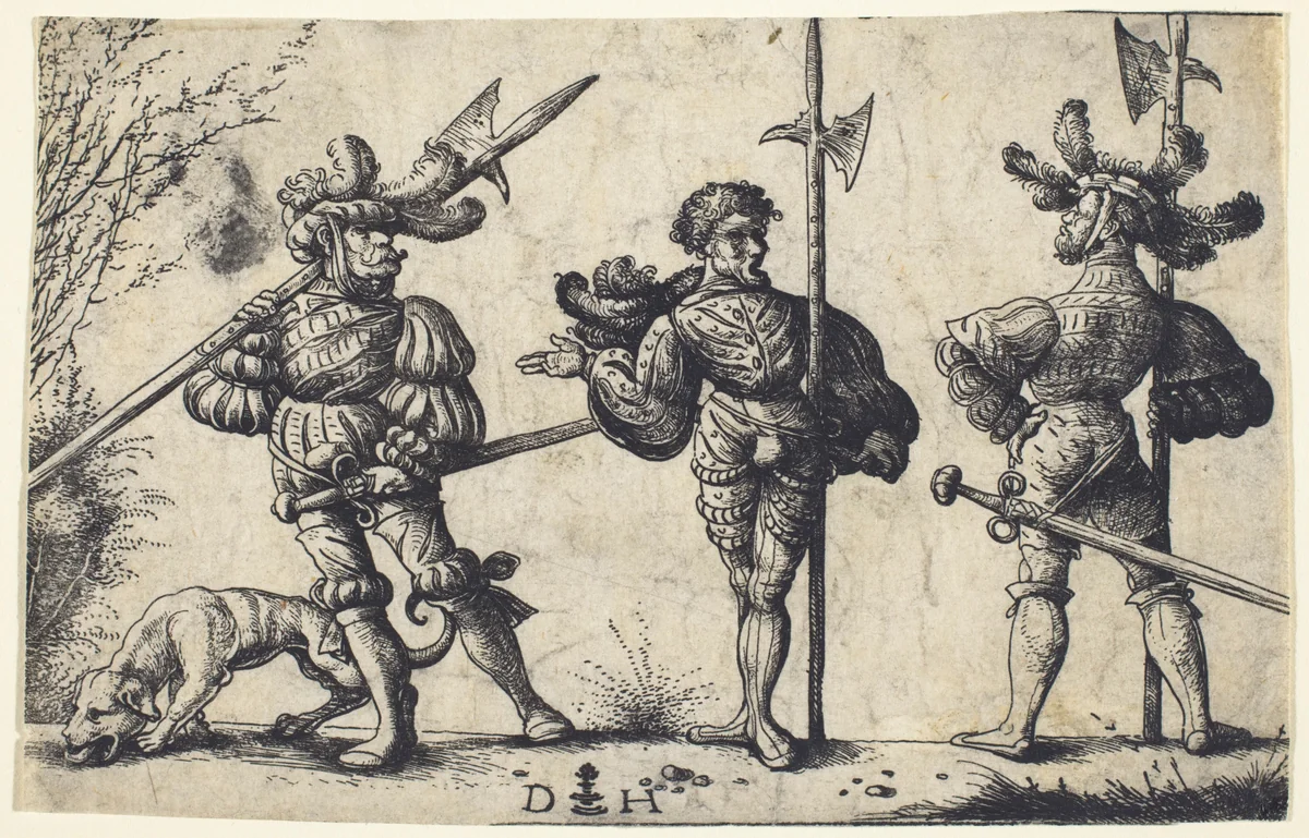 Three German Soldiers Armed with Halberds by Daniel Hopfer, print, 1505-1515