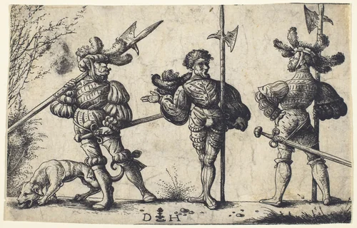 Three German Soldiers Armed with Halberds by Daniel Hopfer, print, 1505-1515