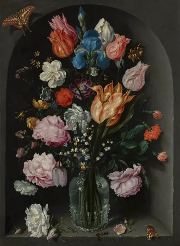 Flowers in a Glass Flask by Jacob de Gheyn II, painting, 1612