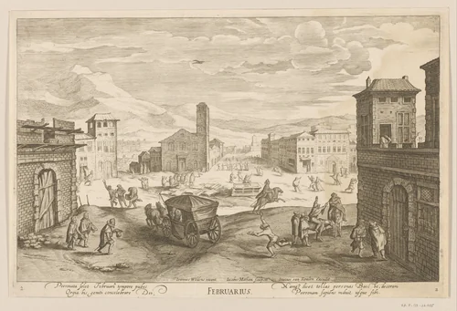 Februarius: vastenavondscène op een Italiaans plein by Jacob Matham, print, 1596-1631