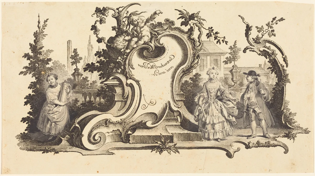 Cartouches Modernes orné avec des [diferentes Figures] (Plate VI-1 from the set) by Johann Esaias Nilson, print, 1721-1788