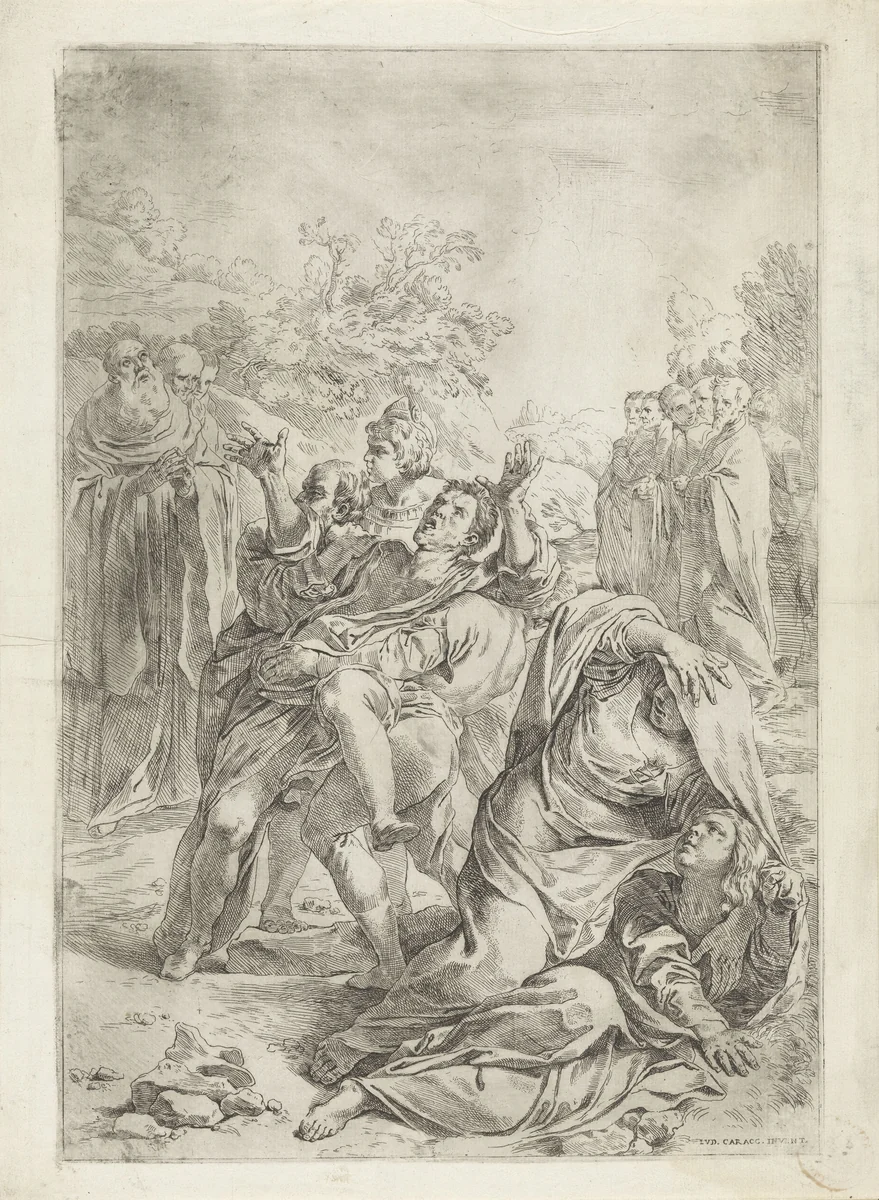 Heilige Benedictus drijft een demon uit by Simone Cantarini, print, 1622-1648