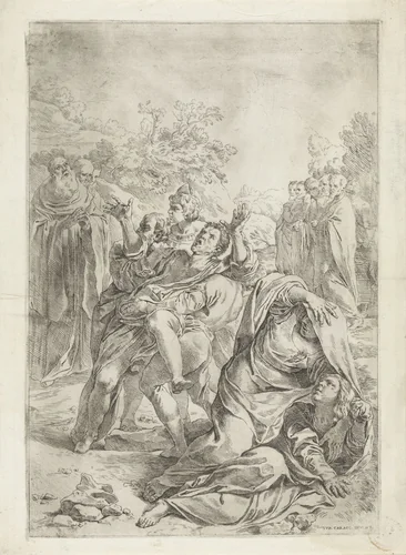 Heilige Benedictus drijft een demon uit by Simone Cantarini, print, 1622-1648