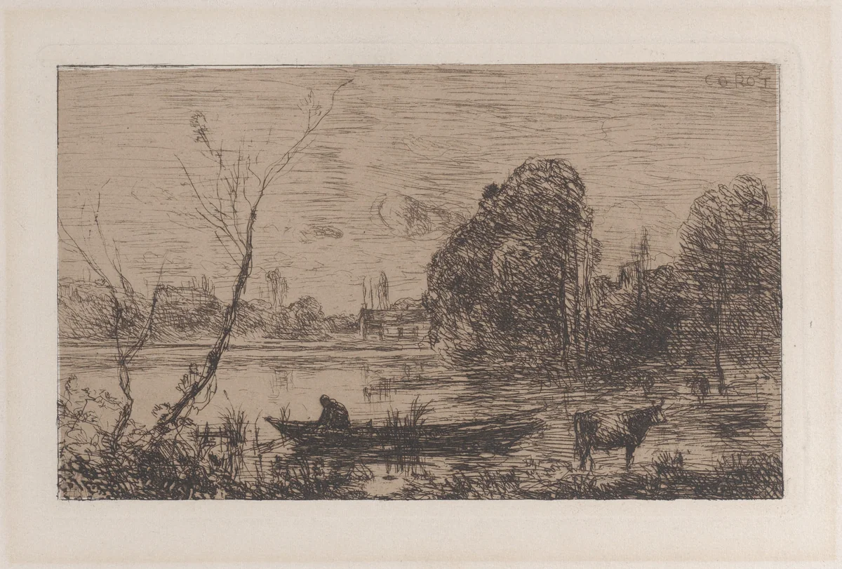 Ville d'Avray: Boatman on a Pond (Evening Effect) by Camille Corot, print, 1862