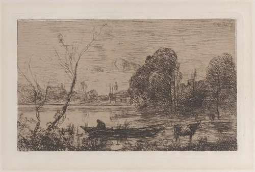 Ville d'Avray: Boatman on a Pond (Evening Effect) by Camille Corot, print, 1862