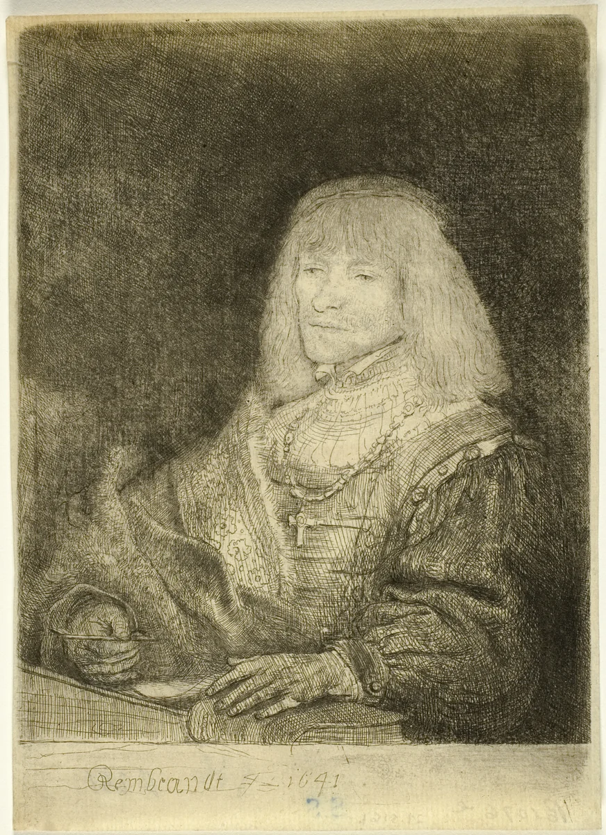 Man at a Desk Wearing a Cross and Chain by Rembrandt van Rijn, print, 1641