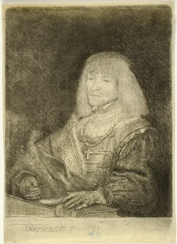 Man at a Desk Wearing a Cross and Chain by Rembrandt van Rijn, print, 1641