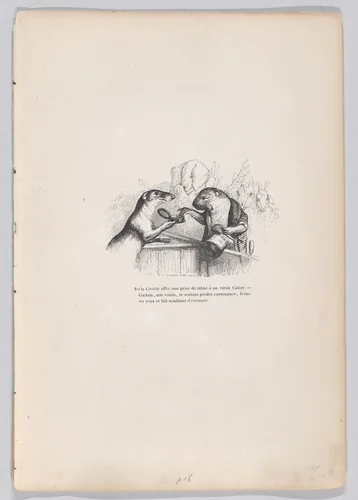 Here, the civet offers a hit of snuff to an old beaver, from "Scenes from the Private and Public Life of Animals" by J. J. Grandville, print, 1832-1852