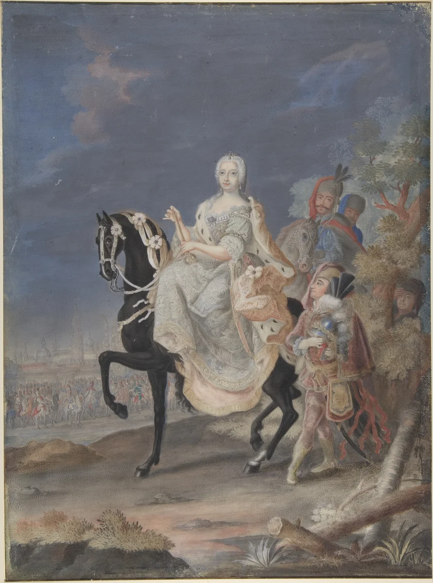 Portrait of Maria Theresa, queen of Hungary and Bohemia, on horseback by anonymous, drawing, 1700-1799