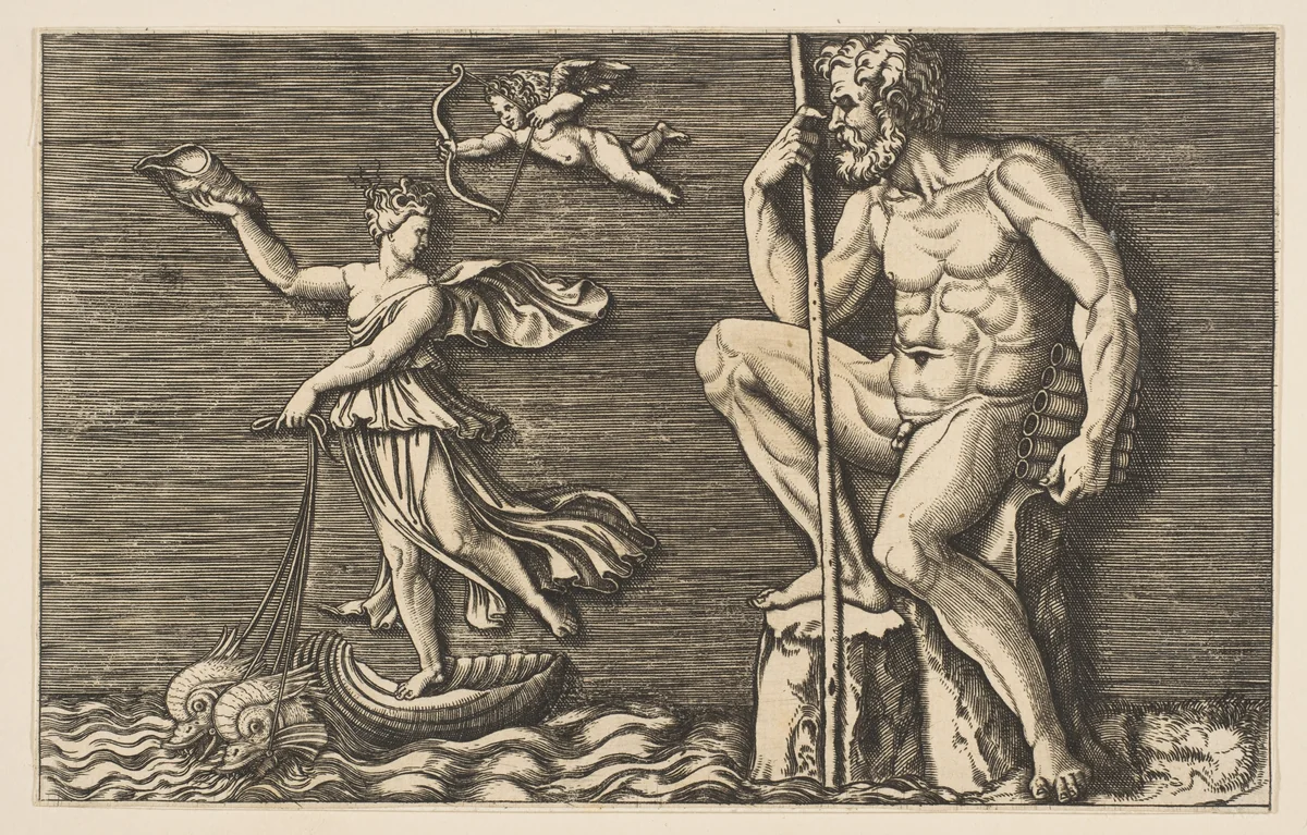 Galatea escaping Polyphemus; he is seated on a rock holding a staff and pipes and looking towards Galatea at right riding a shell pulled by two dolphins, Cupid flying above by anonymous, print, 1515-1600