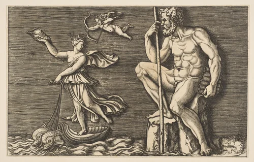 Galatea escaping Polyphemus; he is seated on a rock holding a staff and pipes and looking towards Galatea at right riding a shell pulled by two dolphins, Cupid flying above by anonymous, print, 1515-1600