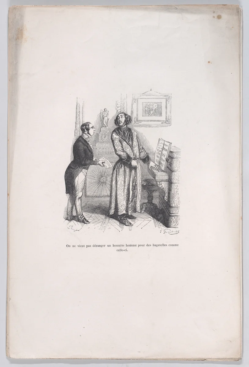 One does not bother an honest man with trifles like this, from "Little Miseries of Human Life" by J. J. Grandville, print, 1843