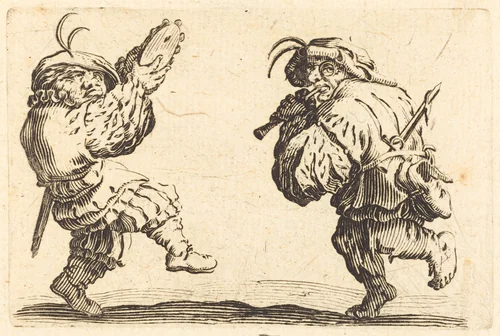 Dancers with Flute and Tambourine by Jacques Callot, print, 1622