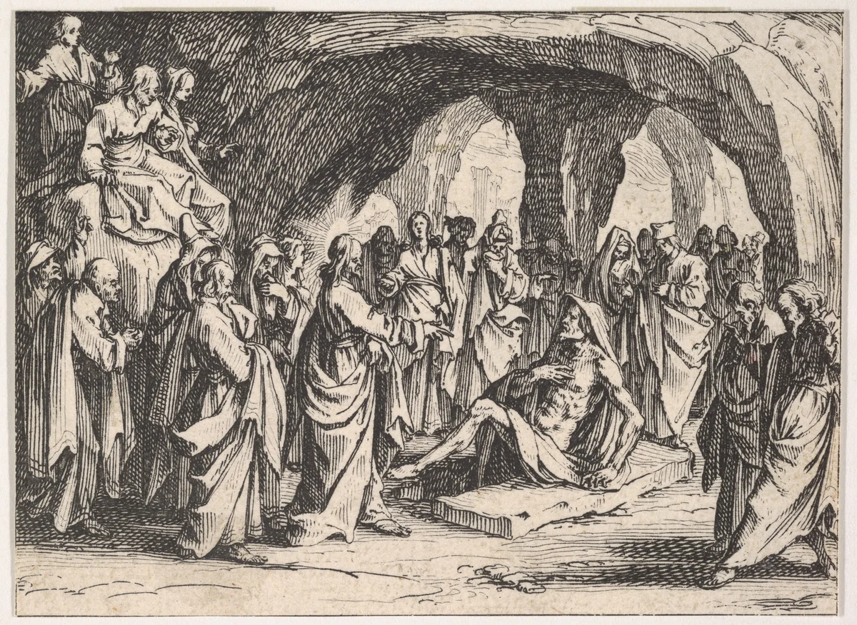 The Resurrection of Lazarus (La Resurrection de Lazare), set in a cave, from "The New Testament" (Le Nouveau Testament) by Jacques Callot, print, 1635