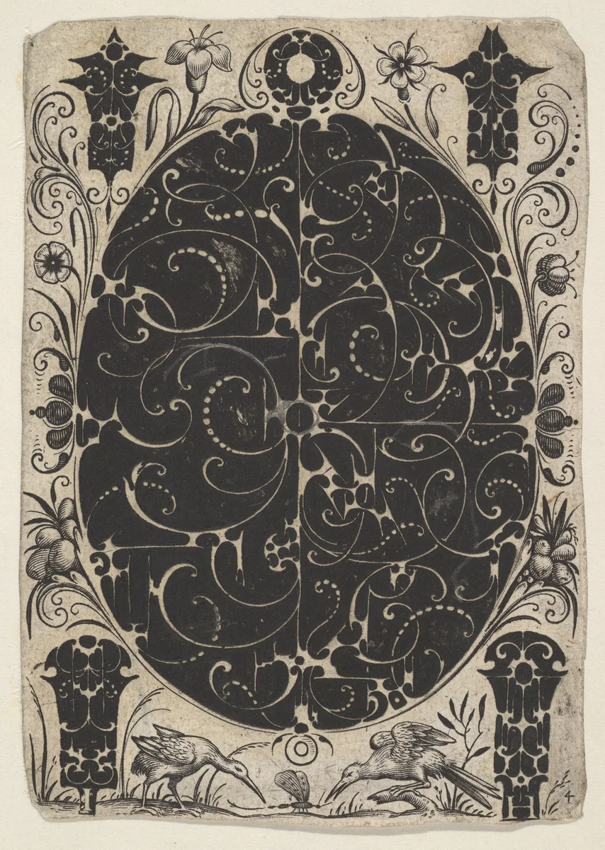 Oval Case Decorated with Schweifwerk in Two Variants, Surrounded by Smaller Motifs, Flowers and Two Birds Below by Jacques Hurtu, print, 1614-1619