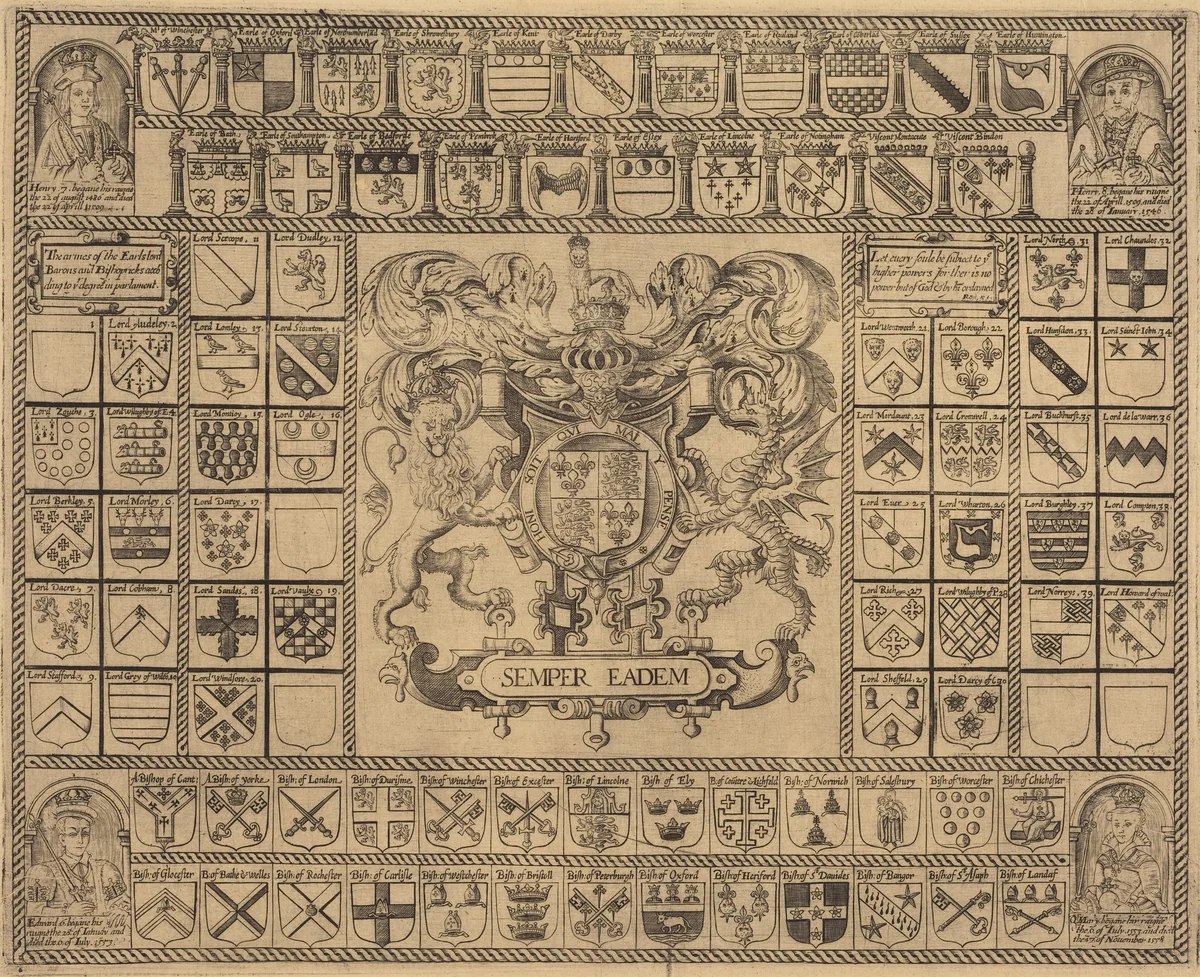 Coats of Arms with Corner Portraits of Henry VII, Henry VIII, Edward VI, and Mary by English 16th Century, print, 1500-1599