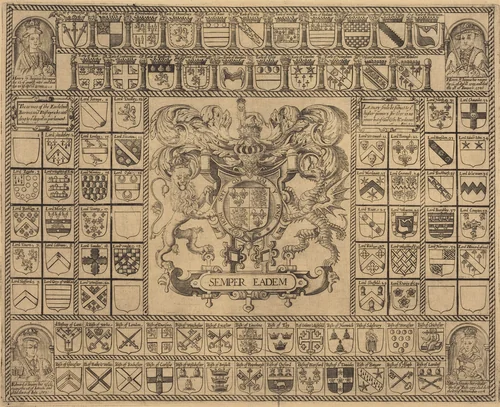 Coats of Arms with Corner Portraits of Henry VII, Henry VIII, Edward VI, and Mary by English 16th Century, print, 1500-1599