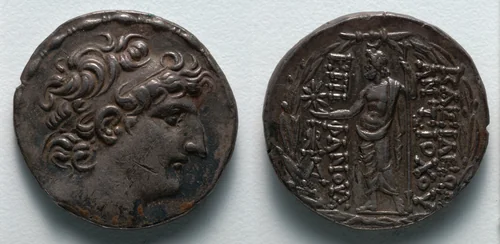 Tetradrachm: Head of Antiochos VIII (obverse); Zeus Ouranios (reverse) by Unknown, metalwork, -112--100