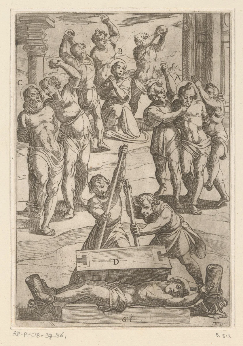 Foltering: het stenigen en pletten by Unknown, print, 1565-1630