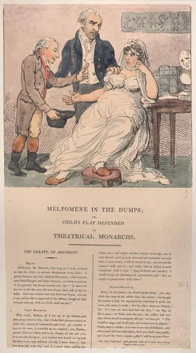 Melpomene in the Dumps, or Child's Play Defended by Theatrical Monarchs by Thomas Rowlandson, print, 1804