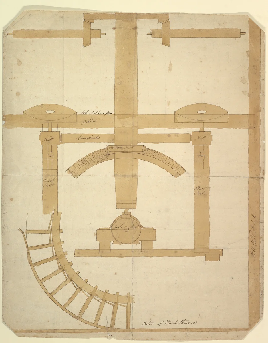 Plan of the Operating Gear of a Mill by anonymous, drawing, 1700-1800