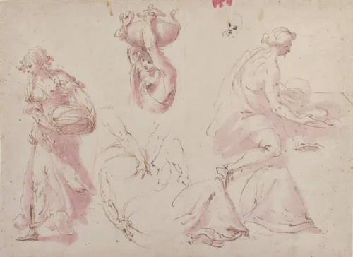 Figure Studies: Woman Carrying a Basket; Woman Carrying a Vase, and Woman Seated at a Table by Francesco Curia, drawing, 1565-1608