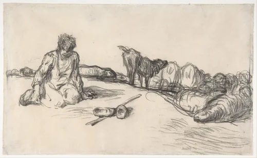 A Seated Shepherd with His Dog and Sheep by Jean-François Millet, drawing, 1830-1875