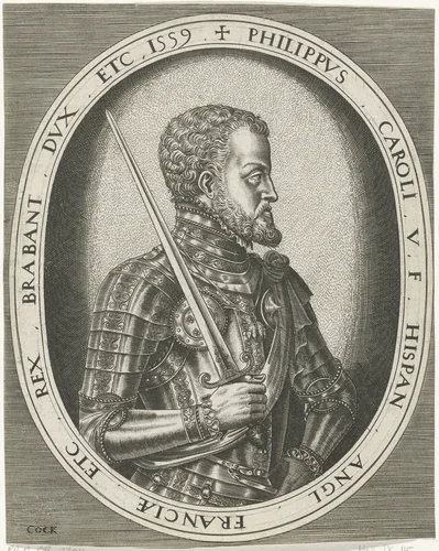 Portret van koning Filips II van Spanje by Frans Huys, print, 1559